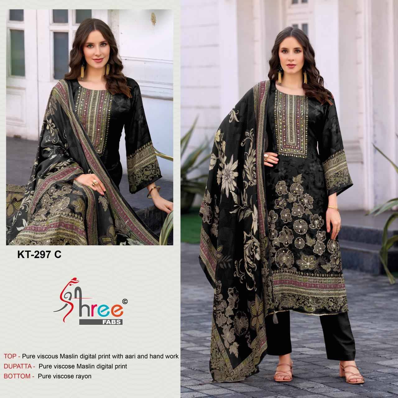 KT - 297 By Shree Fab Pakistani Stylish Beautiful Colourful Printed & Embroidered Party Wear & Occasional Wear Pure Viscous Maslin Dresses At Wholesale Price
